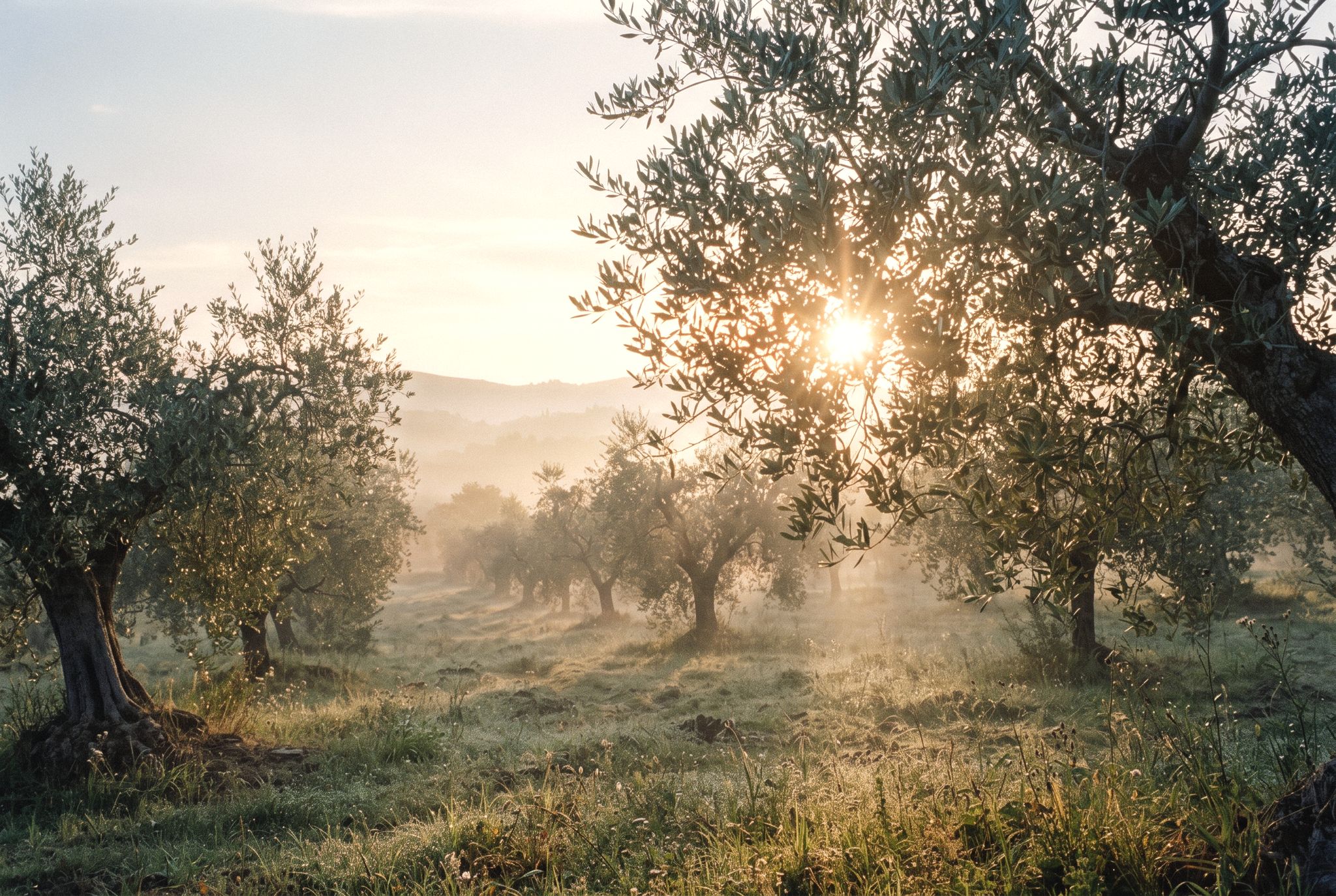 An olive garden at first light: the low sun flaring through silver-green leaves over ground mist.