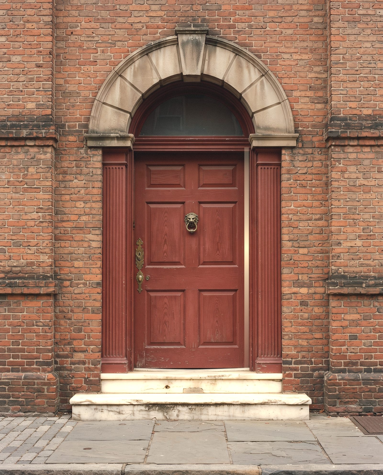 A red-painted church door under a stone arch in a Philadelphia brick facade, standing slightly ajar with warm light along its latch edge, above a white marble stoop.