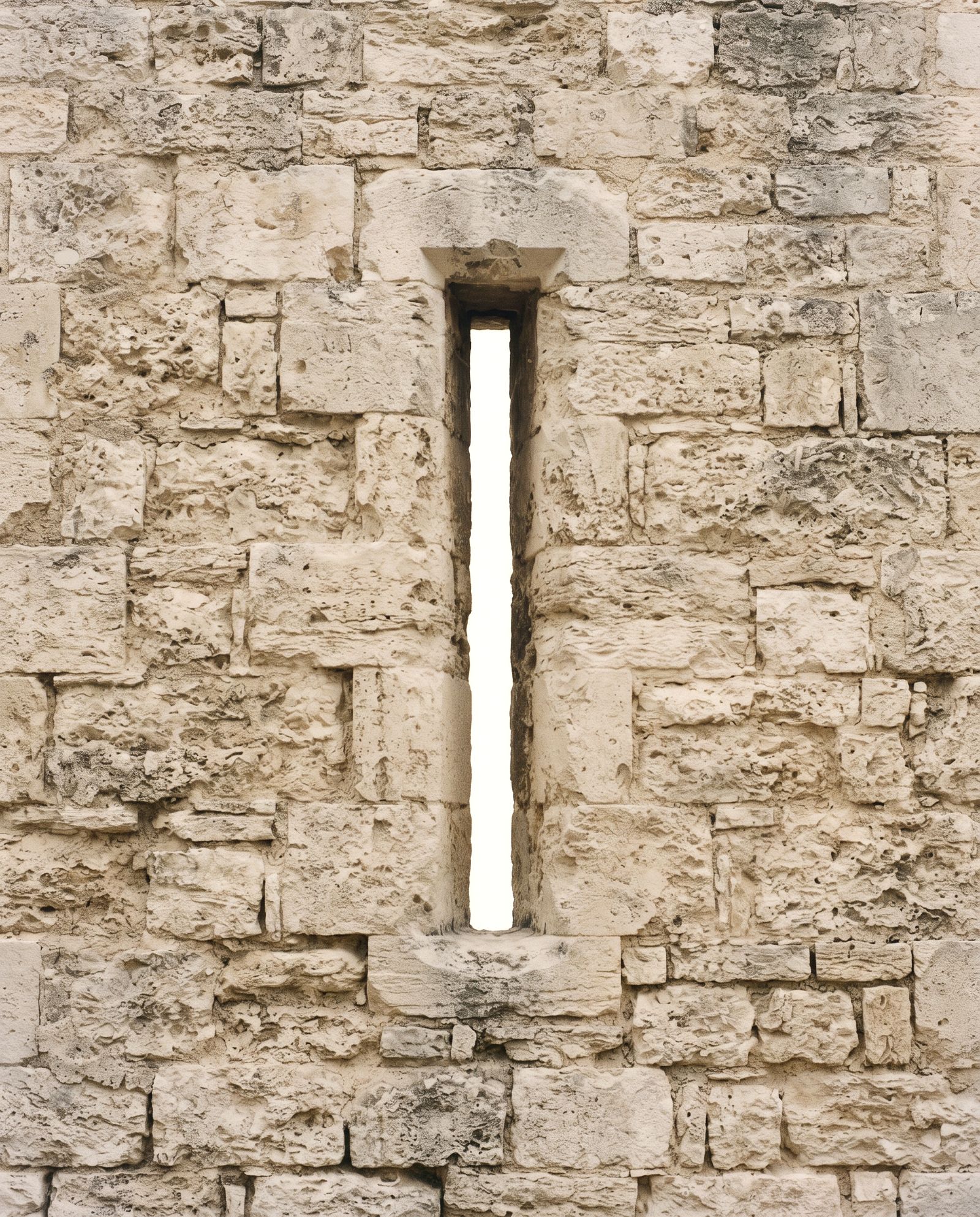 An ancient pale limestone wall pierced by a single tall, narrow doorway filled with white light.