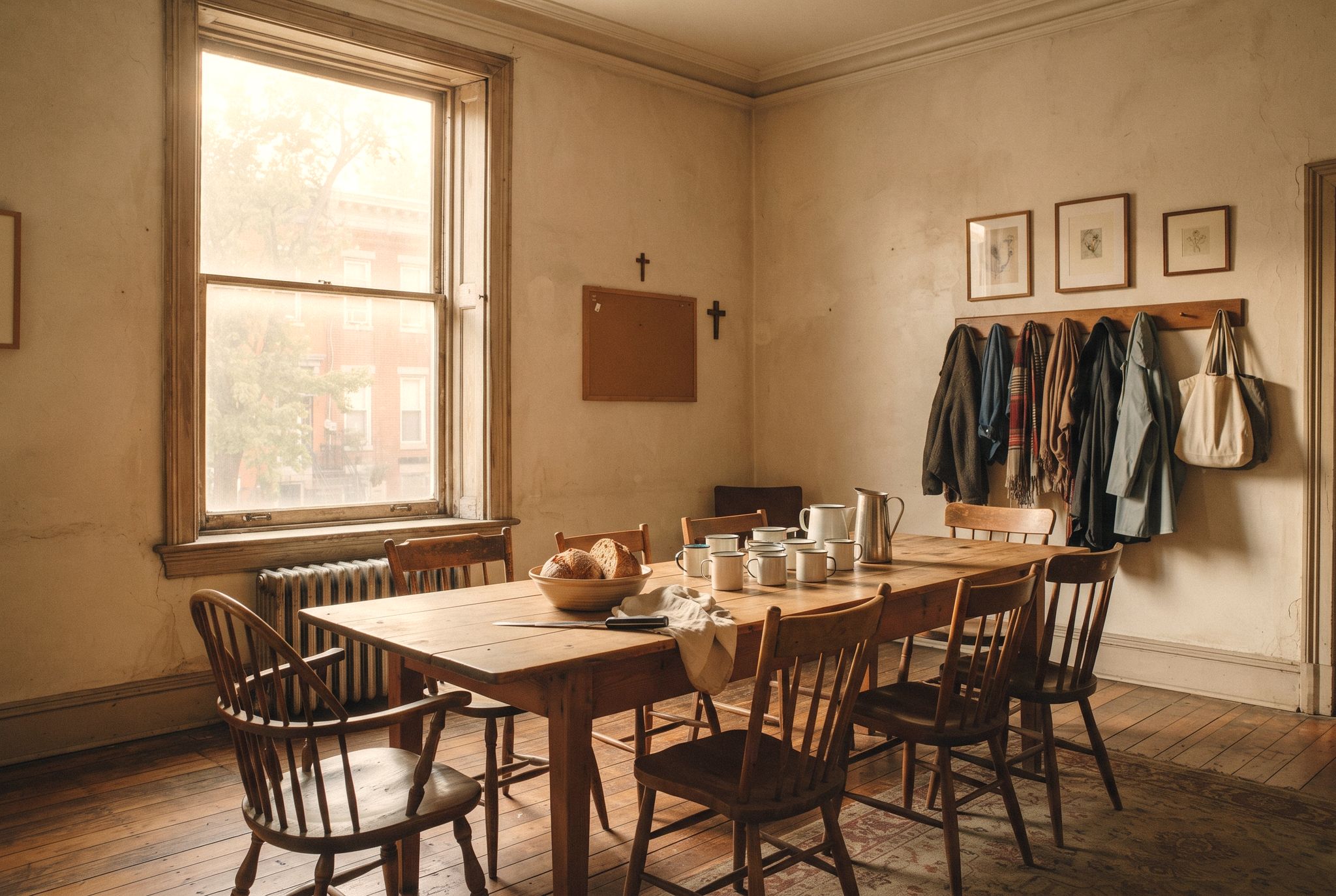 A warm fellowship hall: a long wooden table set with bread and enamel cups, mismatched chairs, coats on wall hooks, morning light pouring through a tall sash window.