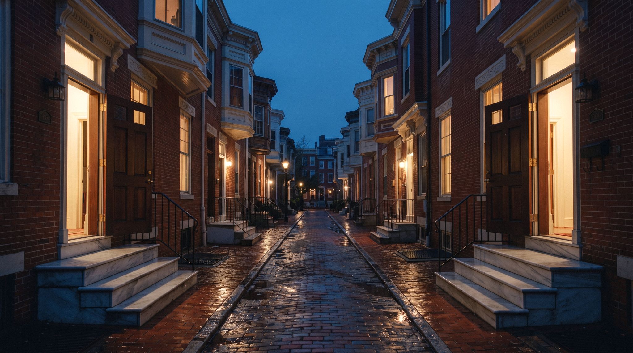 A Philadelphia brick rowhouse street at blue hour, every front door standing open with warm lamplight spilling onto white marble stoops and wet brick sidewalk.